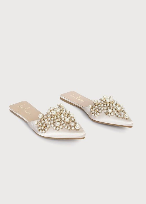 Lulus Flora Ivory Satin Pearl Embroidered Pointed-Toe Flats