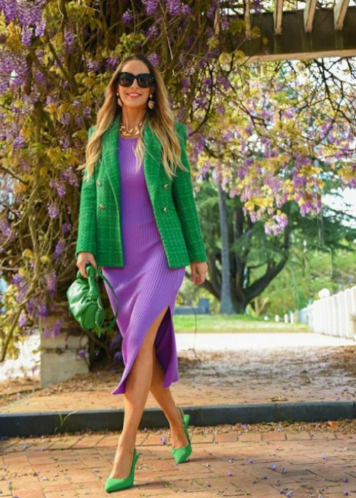 Purple with green shoes