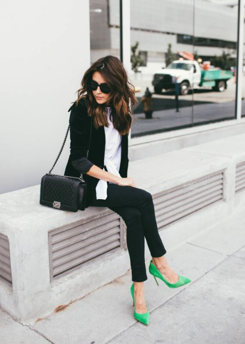 Black anh white with green shoes